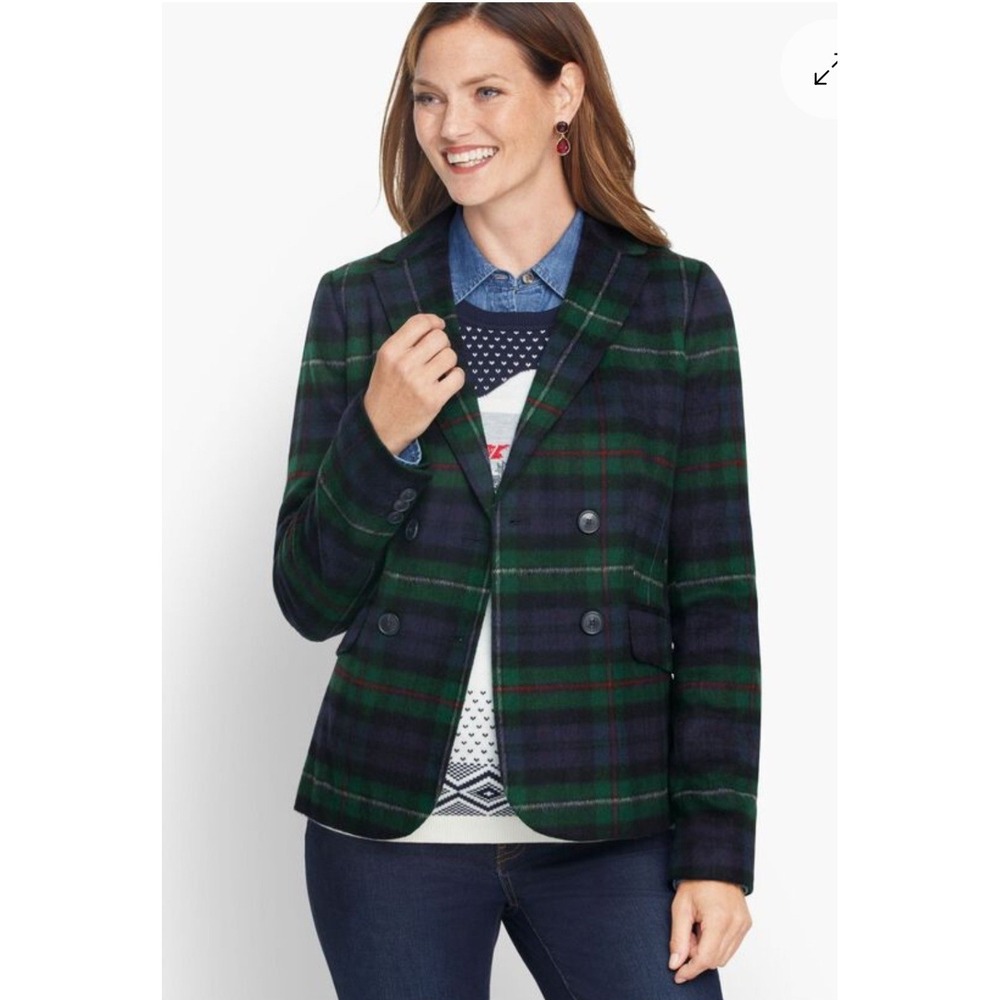 Talbots Blazer Women 10P Green Navy Blue Black Watch Plaid Wool Italy Tartan